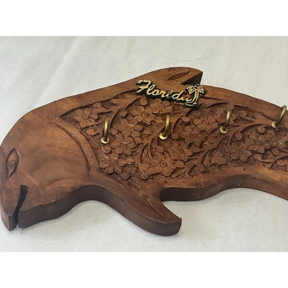 Vintage Florida Souvenir Hand Carved Wood Dolphin Key Rack Wall Mount 4 Hooks